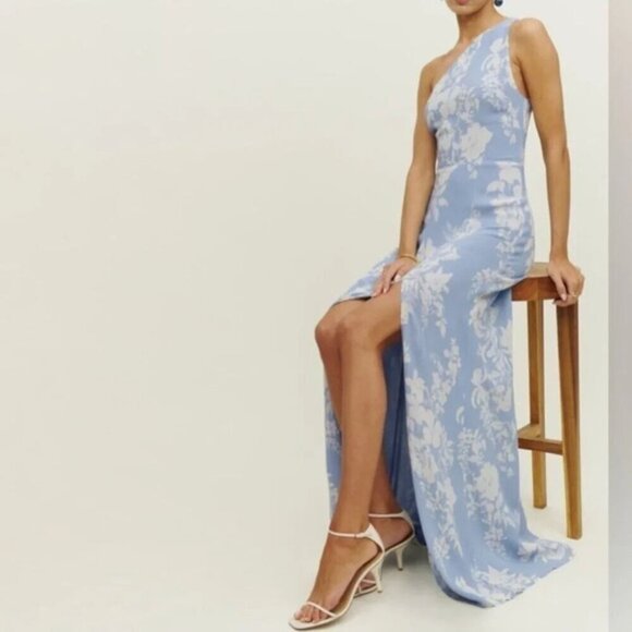 NEW Reformation Evelyn Maxi Dress One Shoulder Side Slit Aliso Blue Floral sz 2 - Picture 2 of 15
